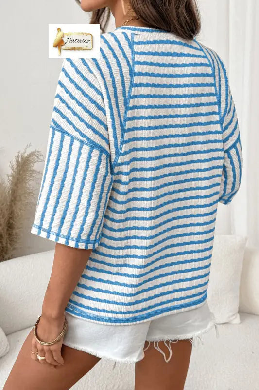 Brown Stripe Textured Knit Split Hem Half Sleeve Loose Top Nataliz