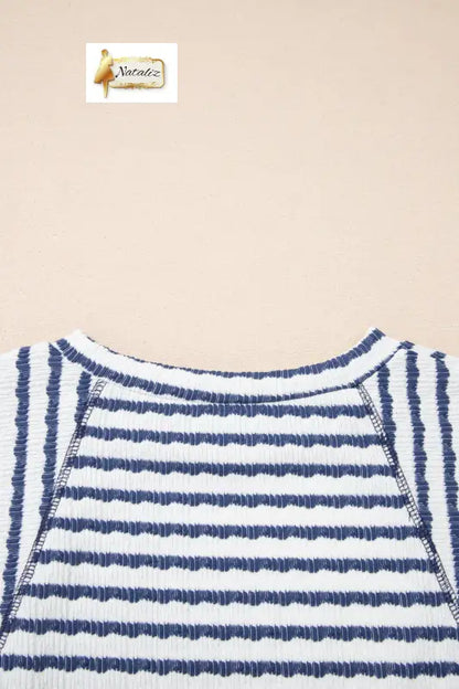 Brown Stripe Textured Knit Split Hem Half Sleeve Loose Top Nataliz