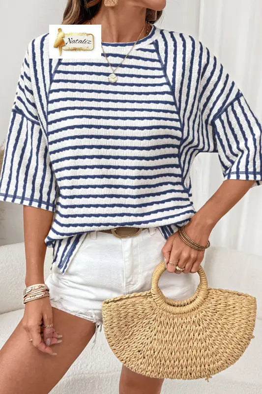 Brown Stripe Textured Knit Split Hem Half Sleeve Loose Top Nataliz