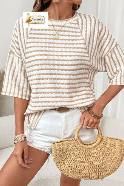 Brown Stripe Textured Knit Split Hem Half Sleeve Loose Top Nataliz
