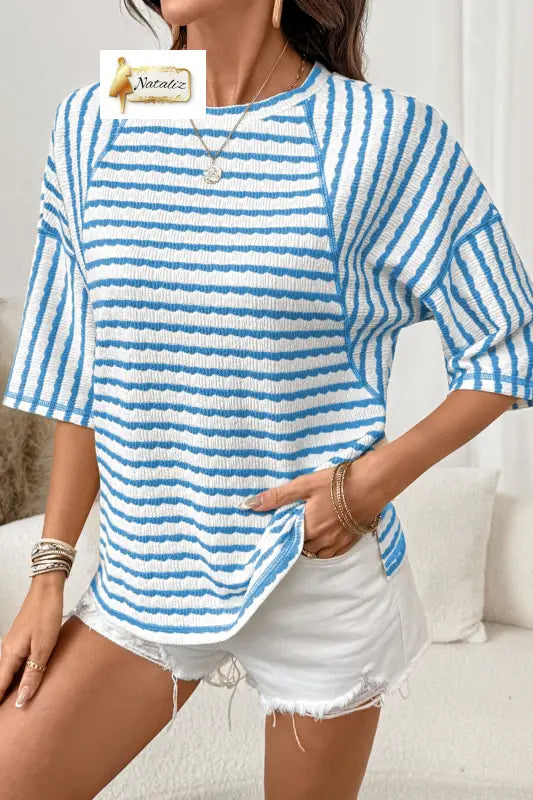 Brown Stripe Textured Knit Split Hem Half Sleeve Loose Top Nataliz
