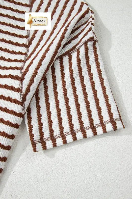 Brown Stripe Textured Knit Split Hem Half Sleeve Loose Top Dear-Lover Dropshipping