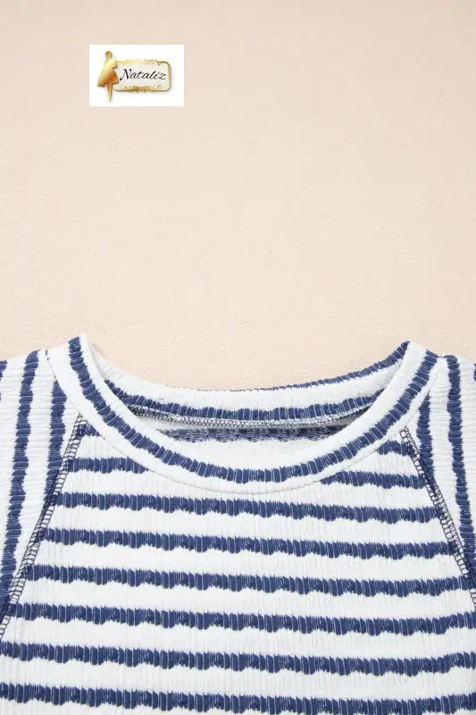 Brown Stripe Textured Knit Split Hem Half Sleeve Loose Top Nataliz