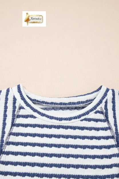 Brown Stripe Textured Knit Split Hem Half Sleeve Loose Top Nataliz