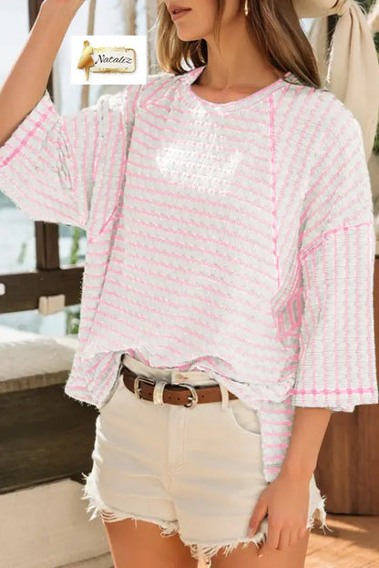 Brown Stripe Textured Knit Split Hem Half Sleeve Loose Top Nataliz