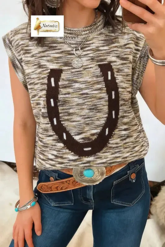 Brown Western Horseshoe Printed Round Neck Sweater Vest Nataliz