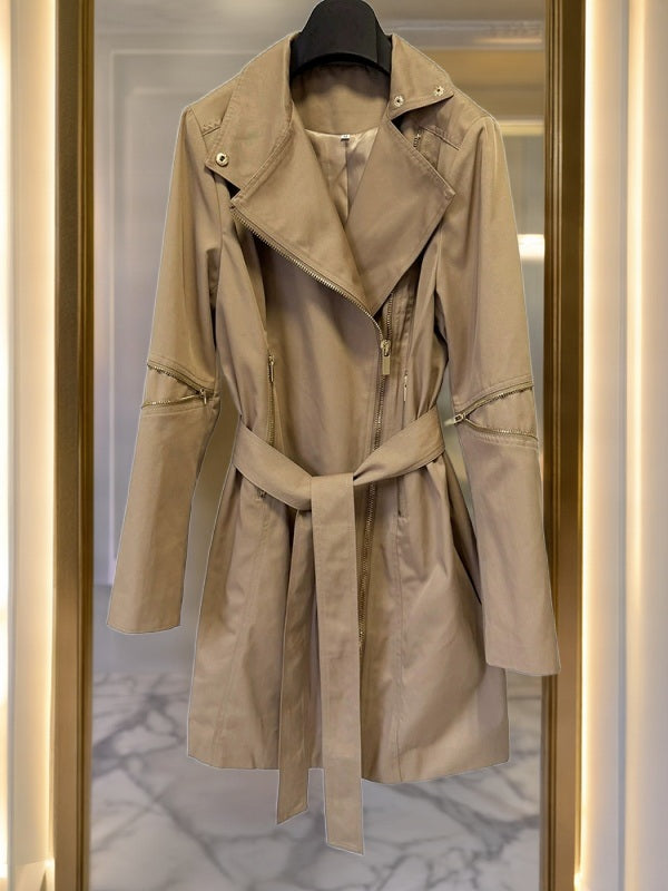Belted Trench Jacket with Gold Asymmetric Zip hanging view · nz-bg-v1