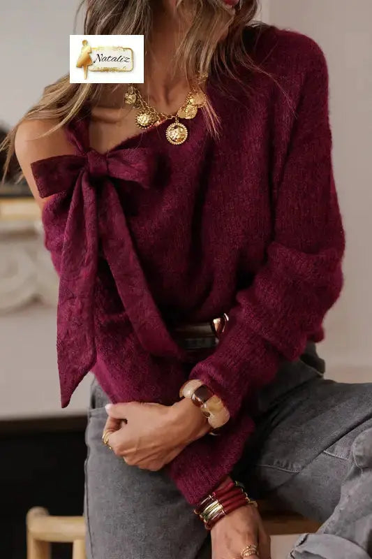 Burgundy Lace Bowknot Asymmetric Neck Sweater Dear-Lover Dropshipping