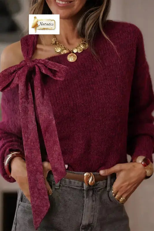 Burgundy Lace Bowknot Asymmetric Neck Sweater Dear-Lover Dropshipping