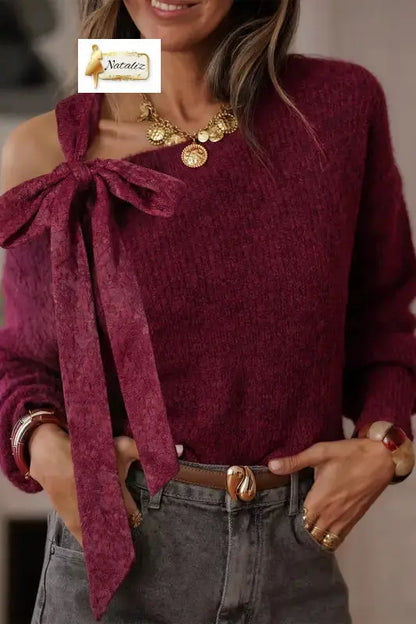 Burgundy Lace Bowknot Asymmetric Neck Sweater Dear-Lover Dropshipping