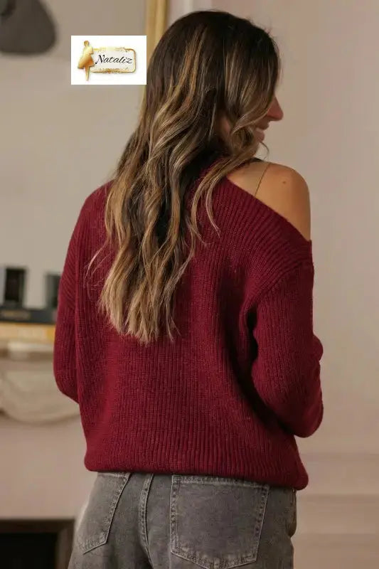 Burgundy Lace Bowknot Asymmetric Neck Sweater Dear-Lover Dropshipping