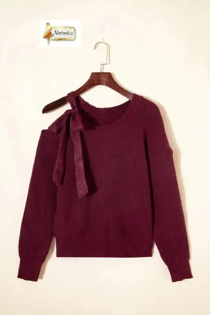 Burgundy Lace Bowknot Asymmetric Neck Sweater Dear-Lover Dropshipping