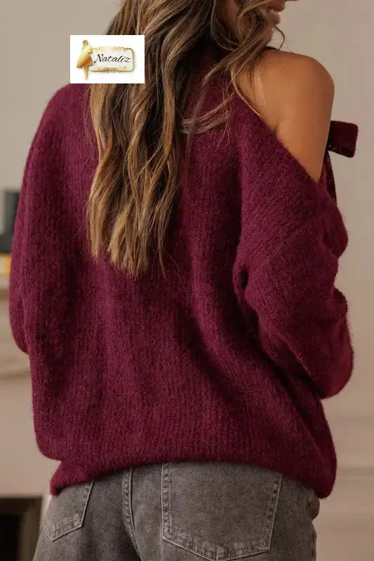 Burgundy Lace Bowknot Asymmetric Neck Sweater Dear-Lover Dropshipping