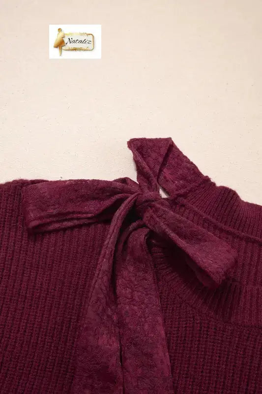 Burgundy Lace Bowknot Asymmetric Neck Sweater Dear-Lover Dropshipping