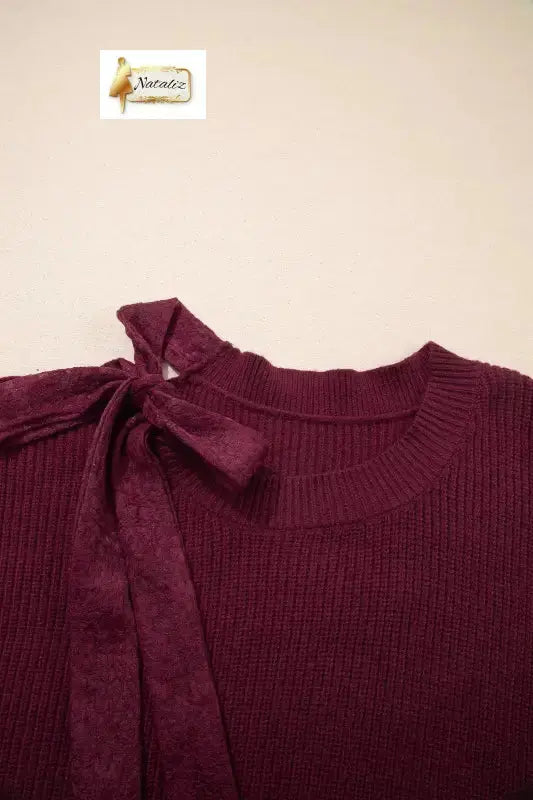Burgundy Lace Bowknot Asymmetric Neck Sweater Dear-Lover Dropshipping