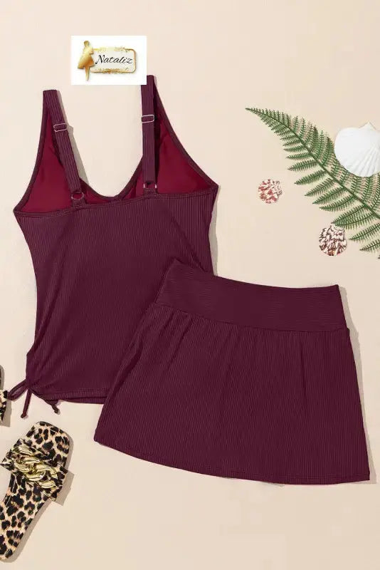 Burgundy Ribbed Knit Crossed Detail Tank Skort 2pcs Swimsuit Nataliz