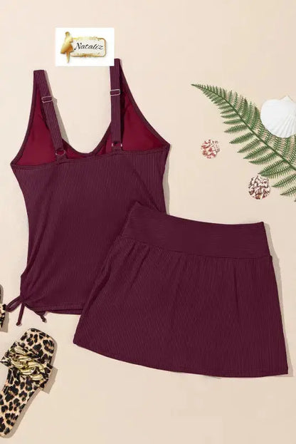 Burgundy Ribbed Knit Crossed Detail Tank Skort 2pcs Swimsuit Nataliz