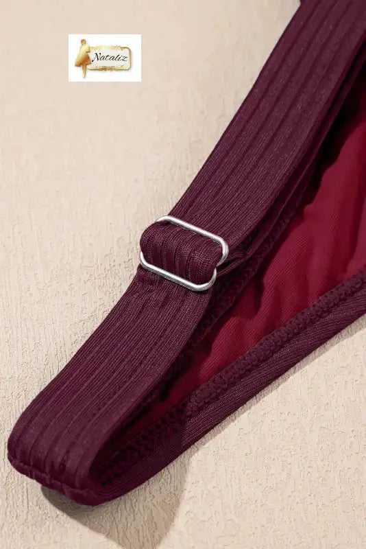 Burgundy Ribbed Knit Crossed Detail Tank Skort 2pcs Swimsuit Nataliz