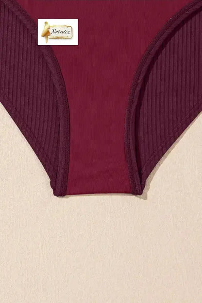 Burgundy Ribbed Knit Crossed Detail Tank Skort 2pcs Swimsuit Nataliz