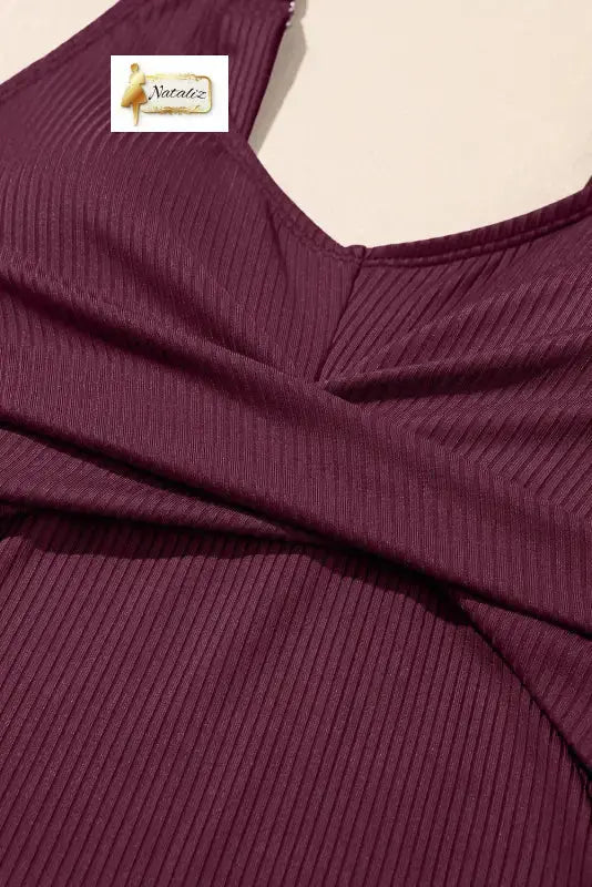 Burgundy Ribbed Knit Crossed Detail Tank Skort 2pcs Swimsuit Nataliz