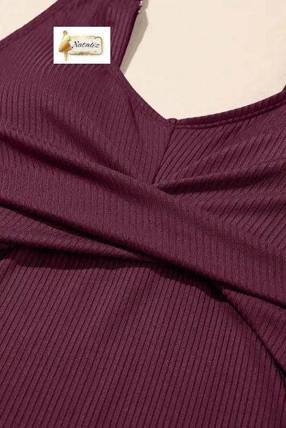 Burgundy Ribbed Knit Crossed Detail Tank Skort 2pcs Swimsuit Nataliz