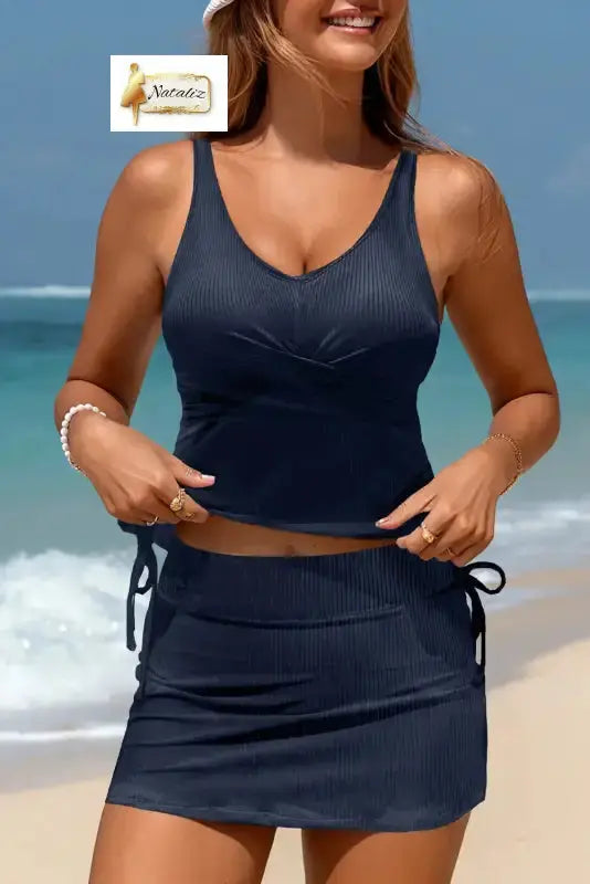 Burgundy Ribbed Knit Crossed Detail Tank Skort 2pcs Swimsuit Nataliz