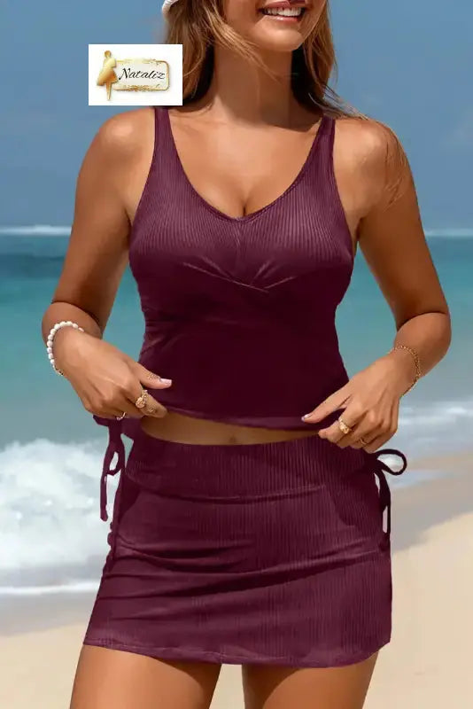 Burgundy Ribbed Knit Crossed Detail Tank Skort 2pcs Swimsuit Nataliz