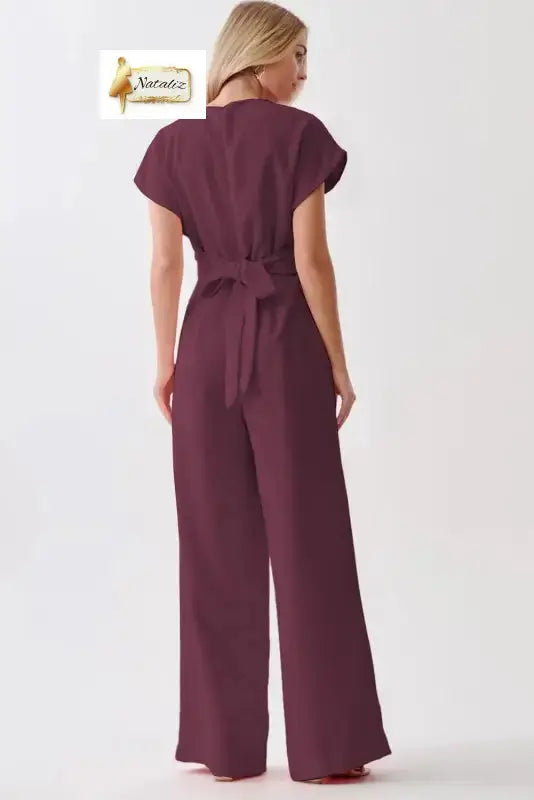 Burgundy Solid Color Cap Sleeve Knot Waist Shift Jumpsuit Dear-Lover Dropshipping