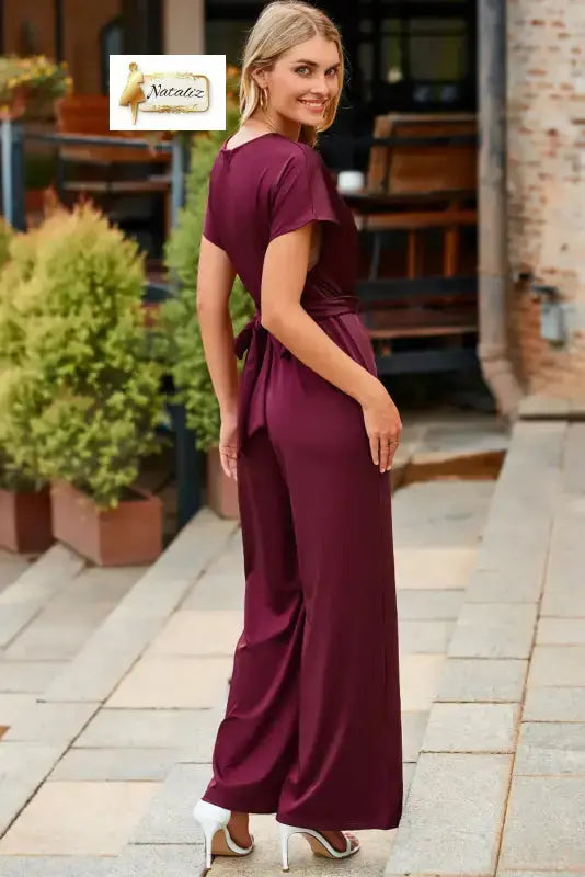 Burgundy Solid Color Cap Sleeve Knot Waist Shift Jumpsuit Nataliz