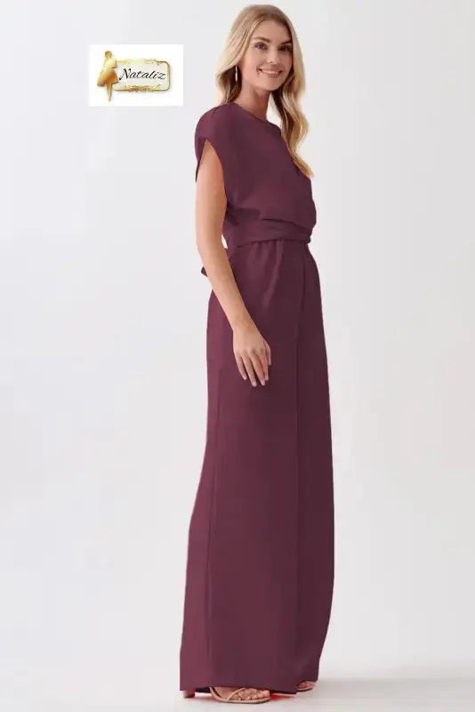 Burgundy Solid Color Cap Sleeve Knot Waist Shift Jumpsuit Dear-Lover Dropshipping