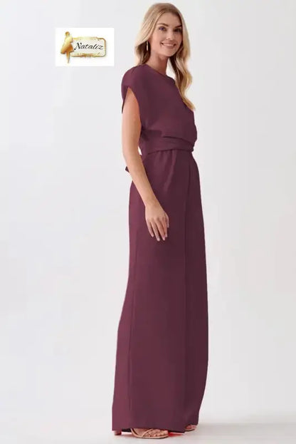 Burgundy Solid Color Cap Sleeve Knot Waist Shift Jumpsuit Dear-Lover Dropshipping