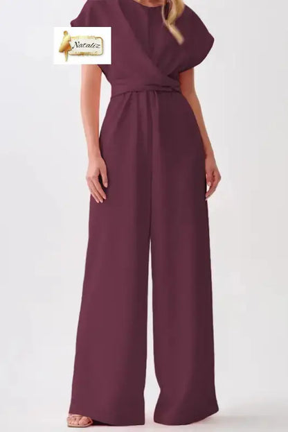 Burgundy Solid Color Cap Sleeve Knot Waist Shift Jumpsuit Nataliz