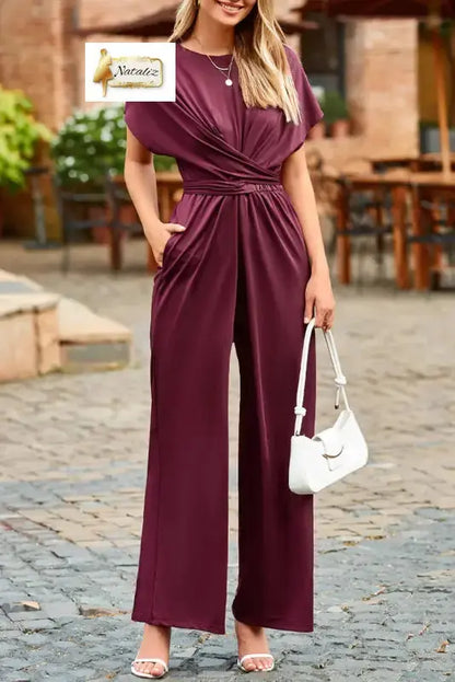 Burgundy Solid Color Cap Sleeve Knot Waist Shift Jumpsuit Nataliz
