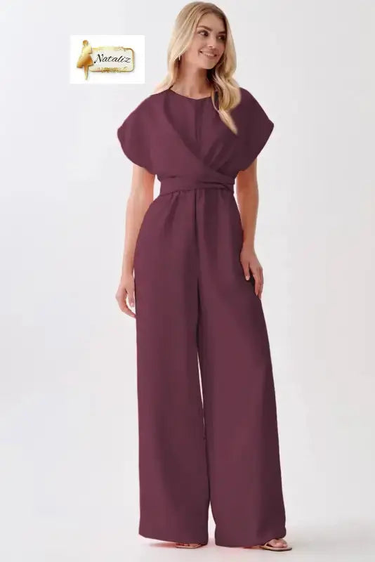 Burgundy Solid Color Cap Sleeve Knot Waist Shift Jumpsuit Nataliz