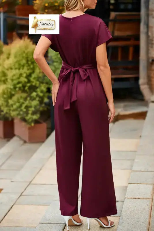 Burgundy Solid Color Cap Sleeve Knot Waist Shift Jumpsuit Nataliz