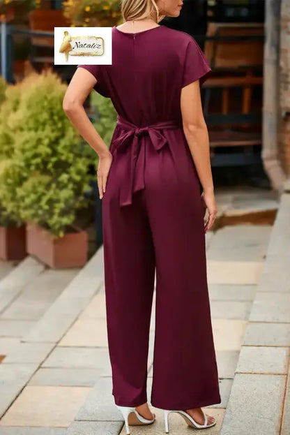 Burgundy Solid Color Cap Sleeve Knot Waist Shift Jumpsuit Nataliz