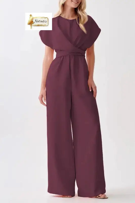 Burgundy Solid Color Cap Sleeve Knot Waist Shift Jumpsuit Dear-Lover Dropshipping