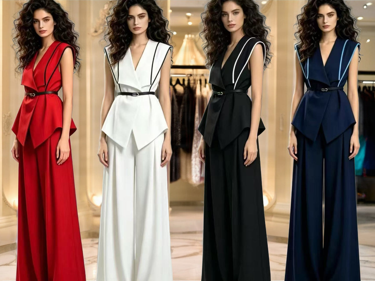 Contrast Piping Sleeveless Peplum Vest & Wide-Leg Trouser Set model front view · nz-bg-v1