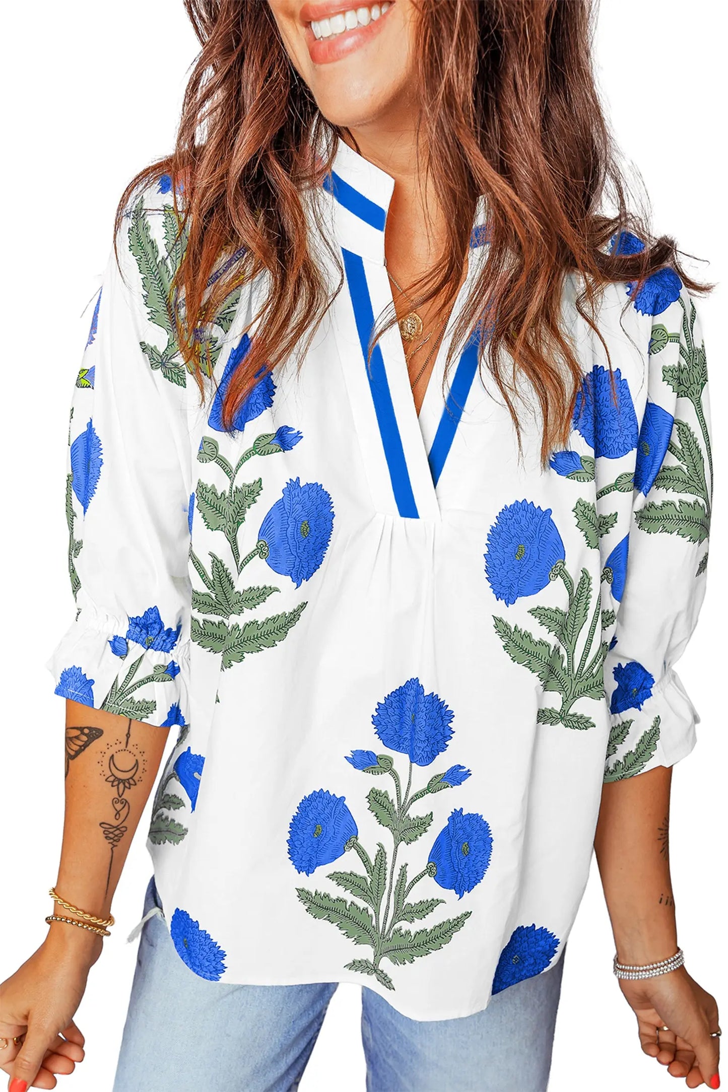 Sky Blue Casual Wild Flower Print V Neck 3/4 Sleeve Blouse Nataliz