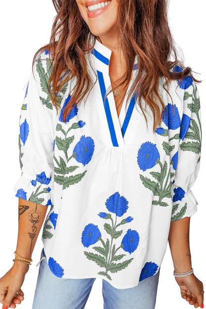 Sky Blue Casual Wild Flower Print V Neck 3/4 Sleeve Blouse Nataliz