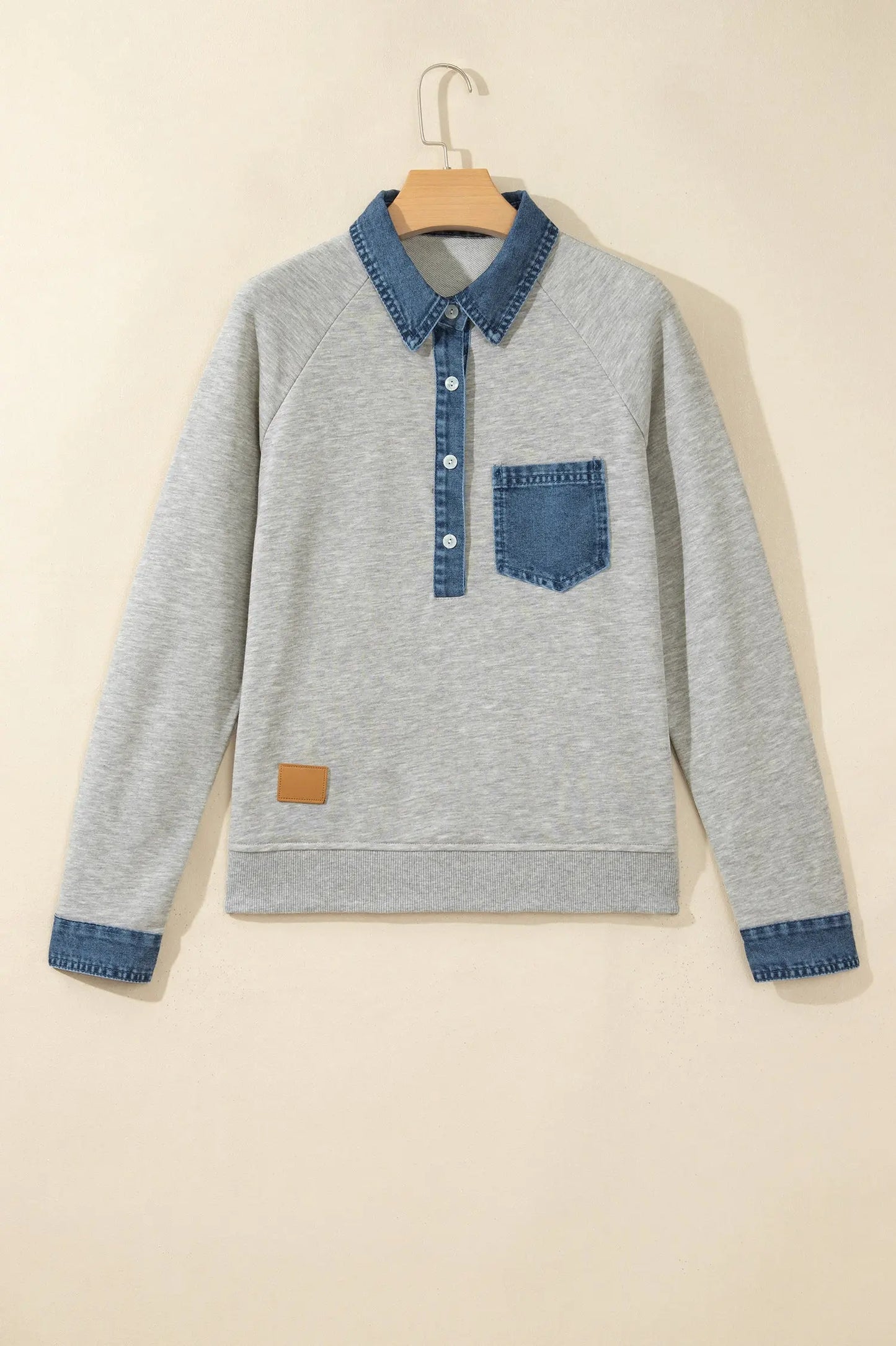 Sleet Denim Collar Patchwork Long Sleeve Pullover Top