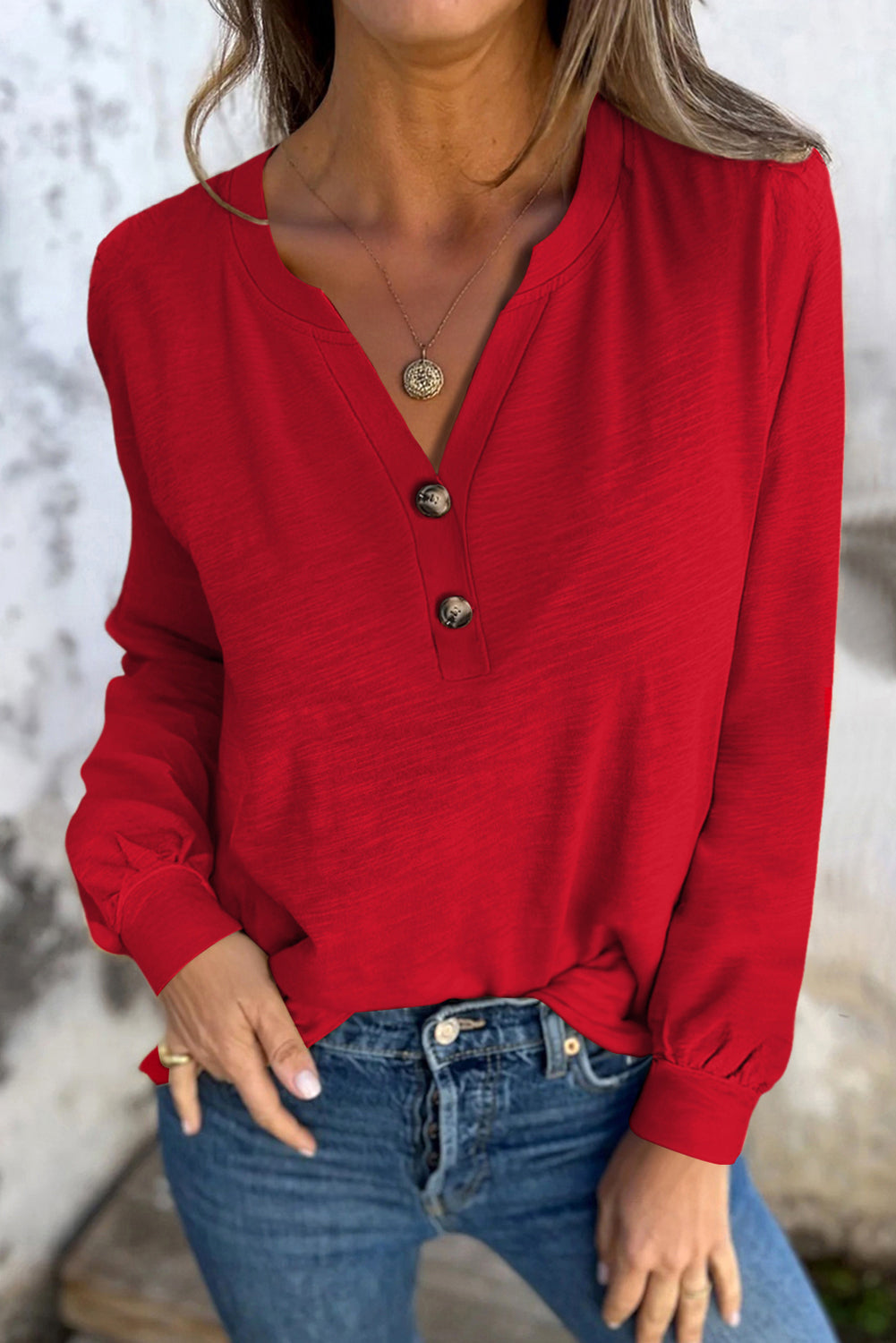 Racing Red Solid Color Button V Neck Long Sleeve Top