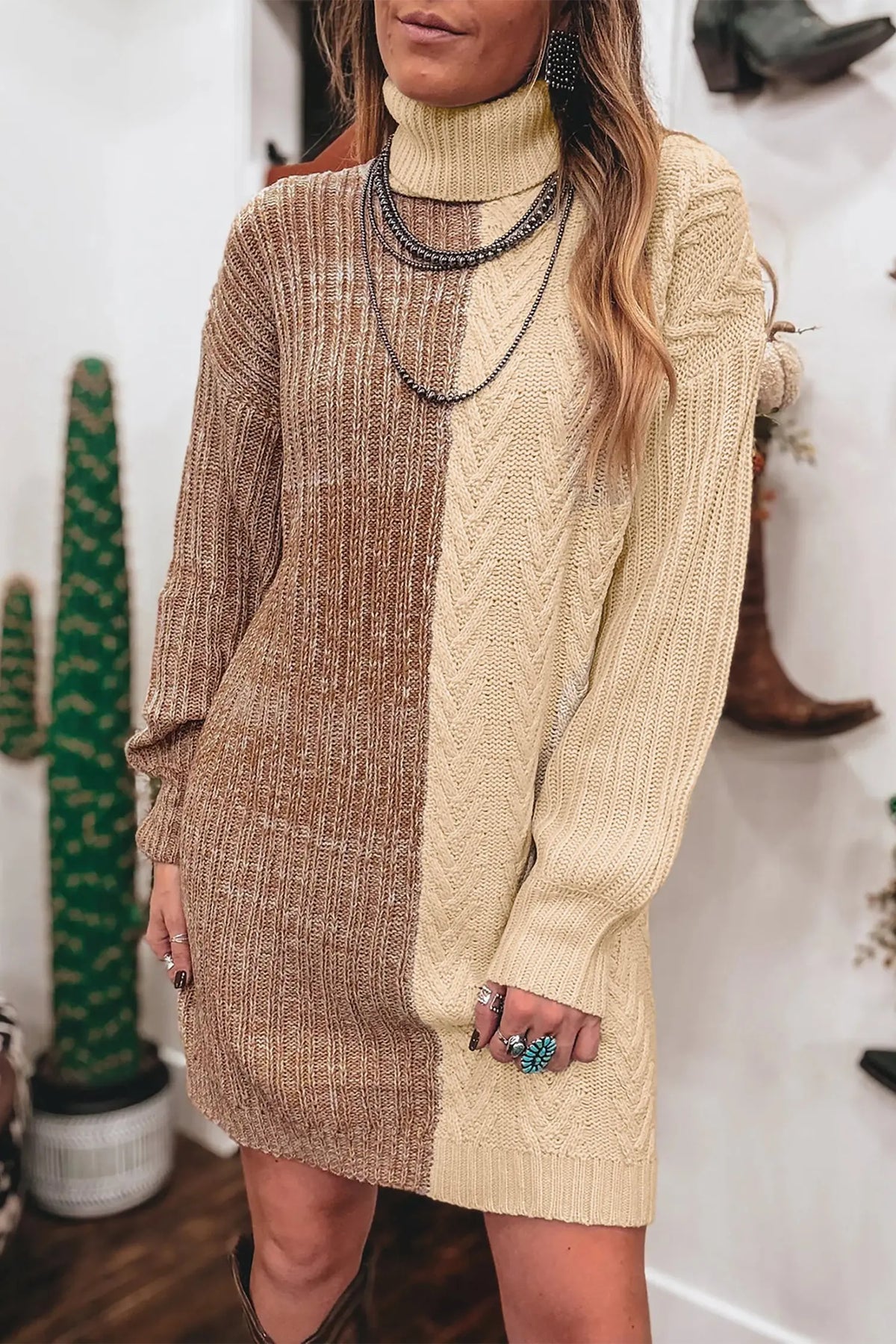 Parchment Cable Contrast Color Block Turtleneck Sweater Mini Dress