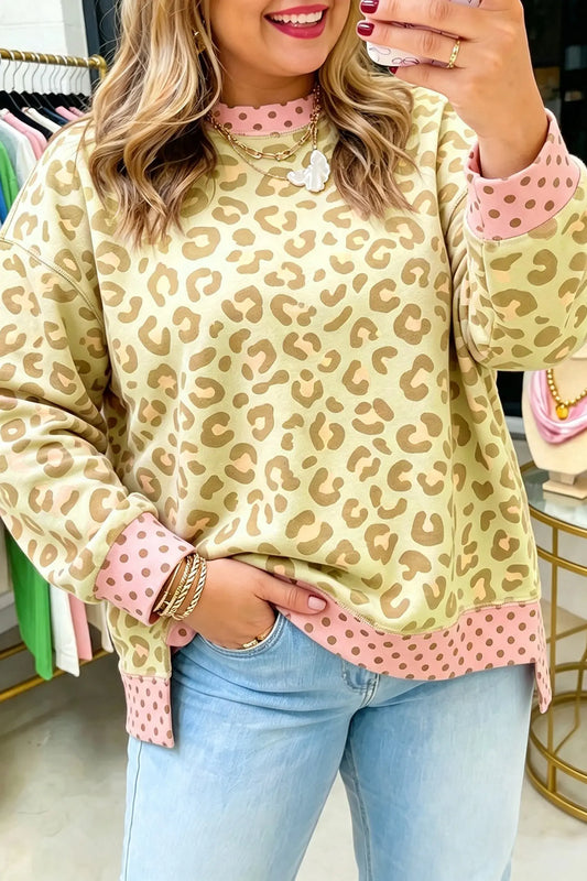 Khaki plus size leopard print contrast polka dot trim long sleeve top model front view · nz-alt-v1