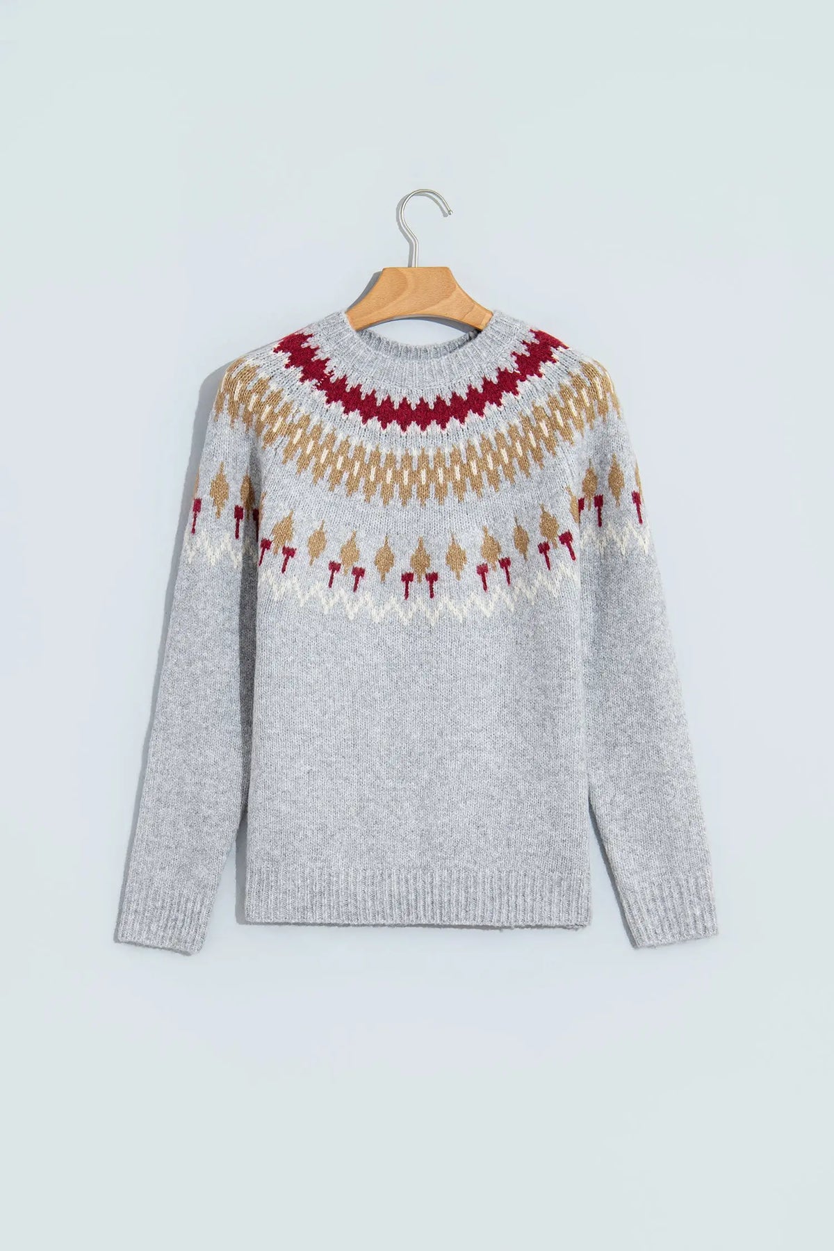 Gray Geometric Detail Round Neck Winter Sweater hanging view · nz-alt-v1