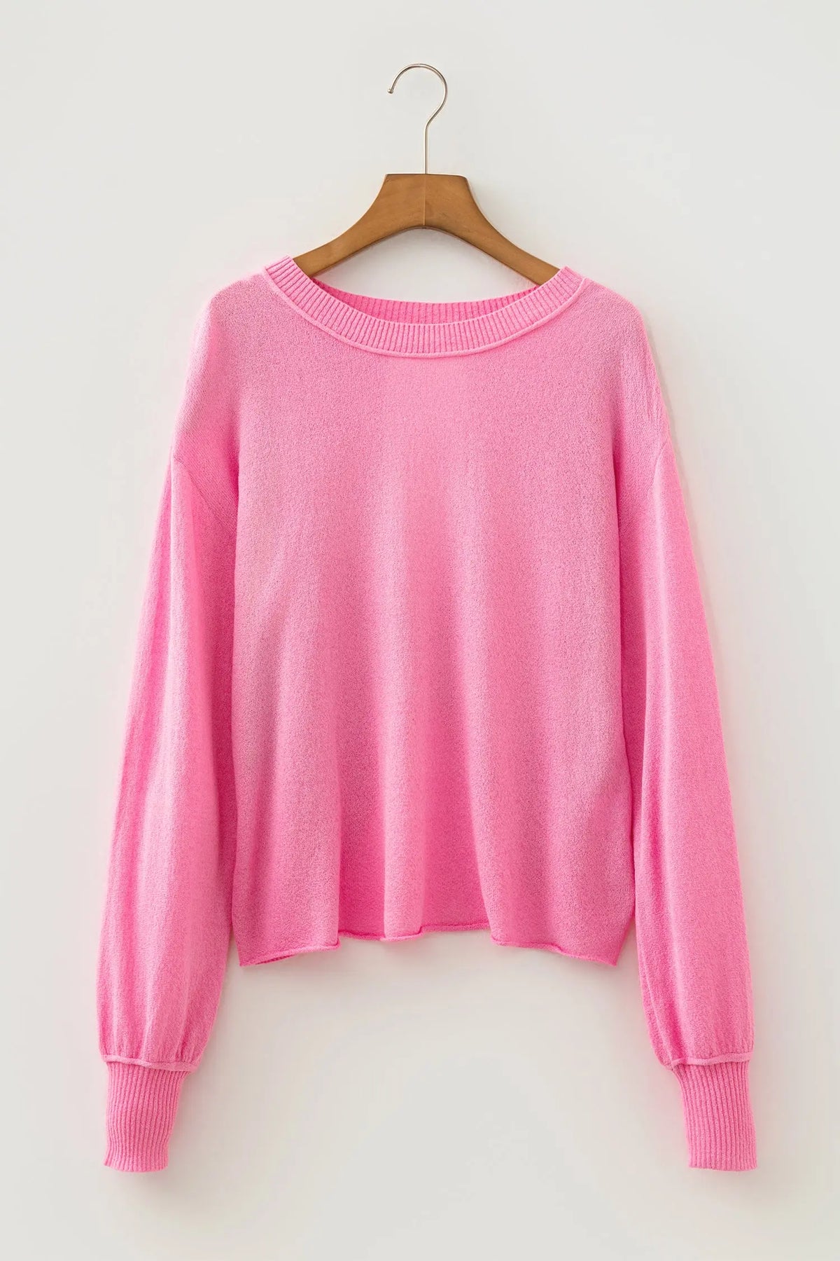 Pink Drop Shoulder Round Neck Long Sleeve Backless Pullover Sweater hanging view · nz-alt-v1