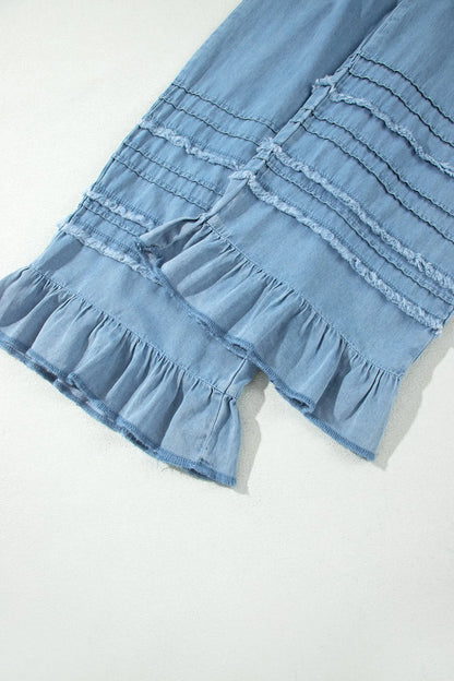 Beau Blue Ruffled Hem Wide Leg Chambray Pants