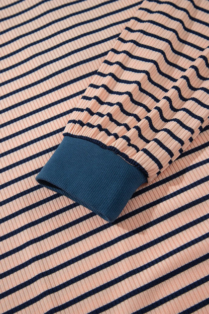 Pink Stripe Striped Colorblock V Neck Long Sleeve Plus Size Set