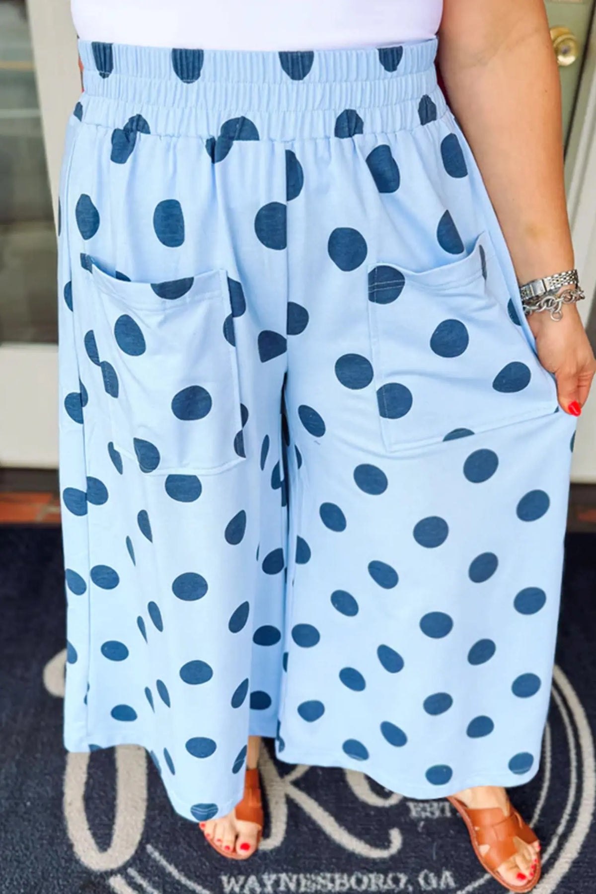 Brown Polka Dot Elastic Waist Wide Leg Plus Size Pants