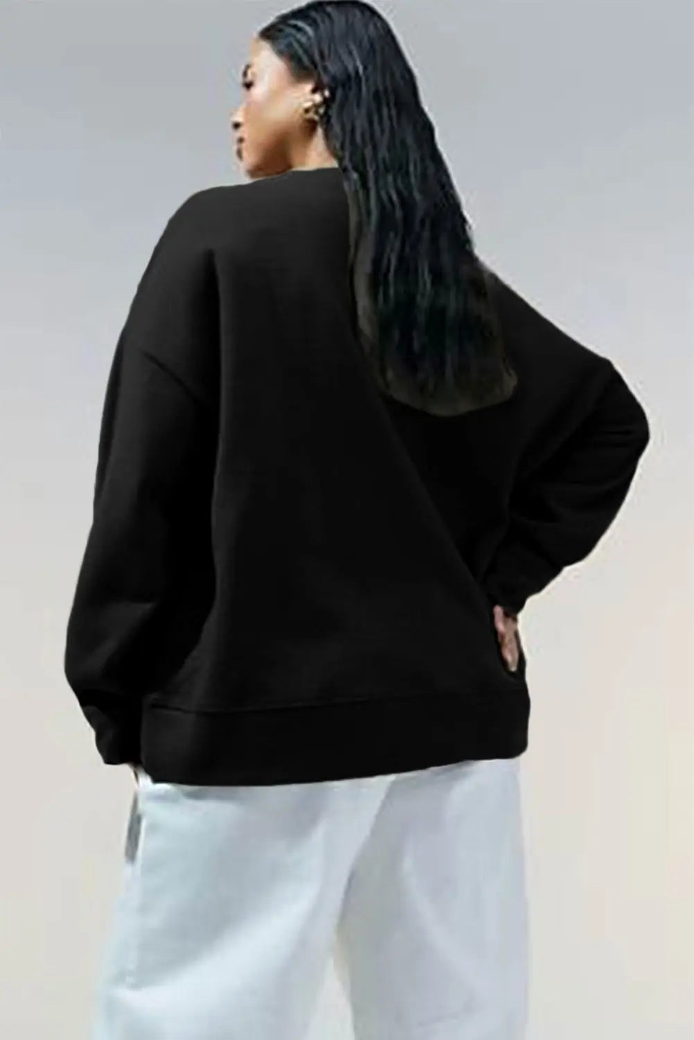 Black Solid Button Placket Crew Neck Plus Size Sweatshirt